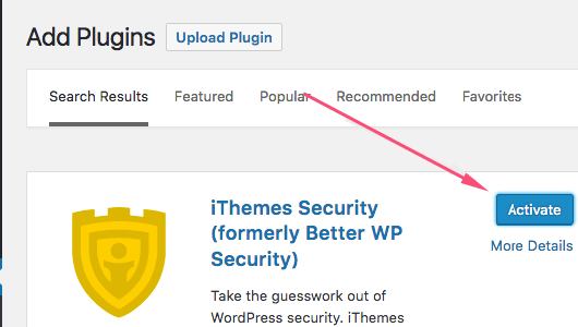 screenshot of activating iTheme security plugin