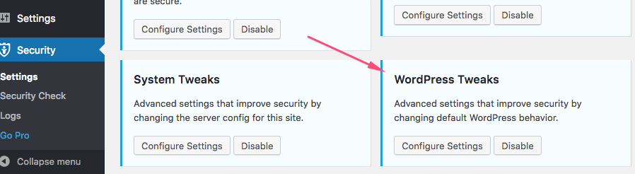 Screenshot of scroll down to ithemes security plugin section "WordPress Tweaks"