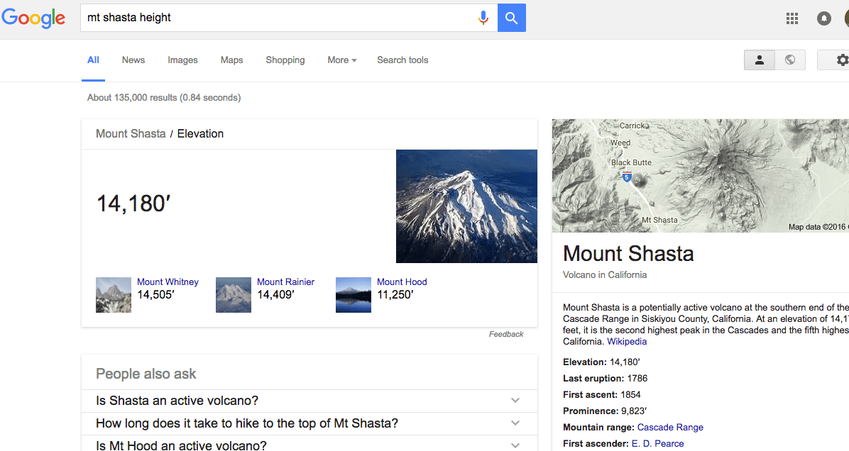 screenshot of google query "mt shasta height"